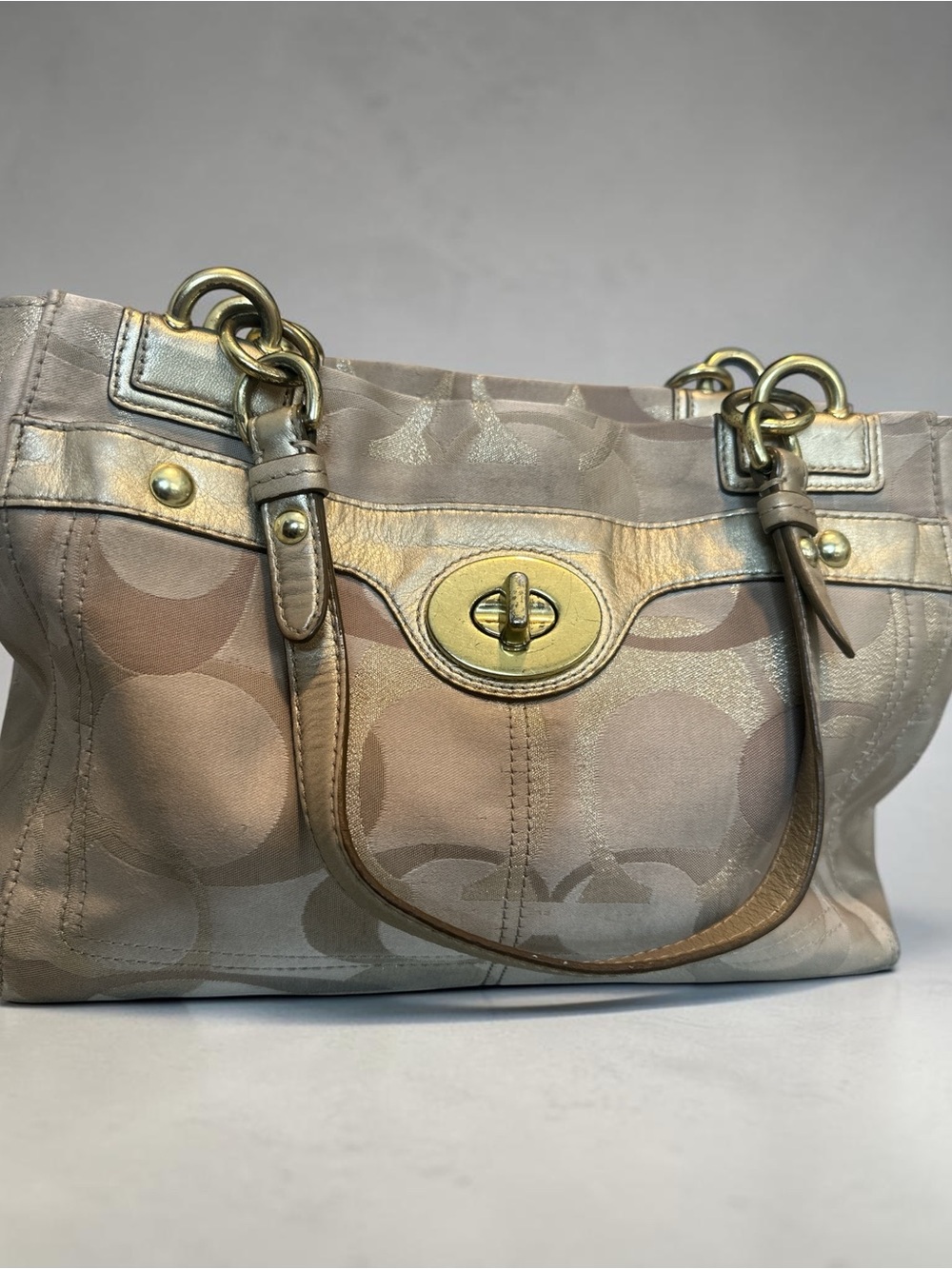 Coach Metallic Taupe Signature Shoulder Tote with Turnlock